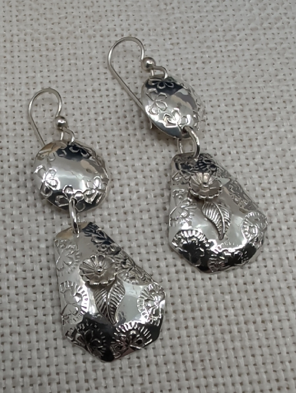 Sterling Silver 925 Floral Drop Earrings Florida Keys Artisan BJH Vintage 1990s - Picture 4 of 17
